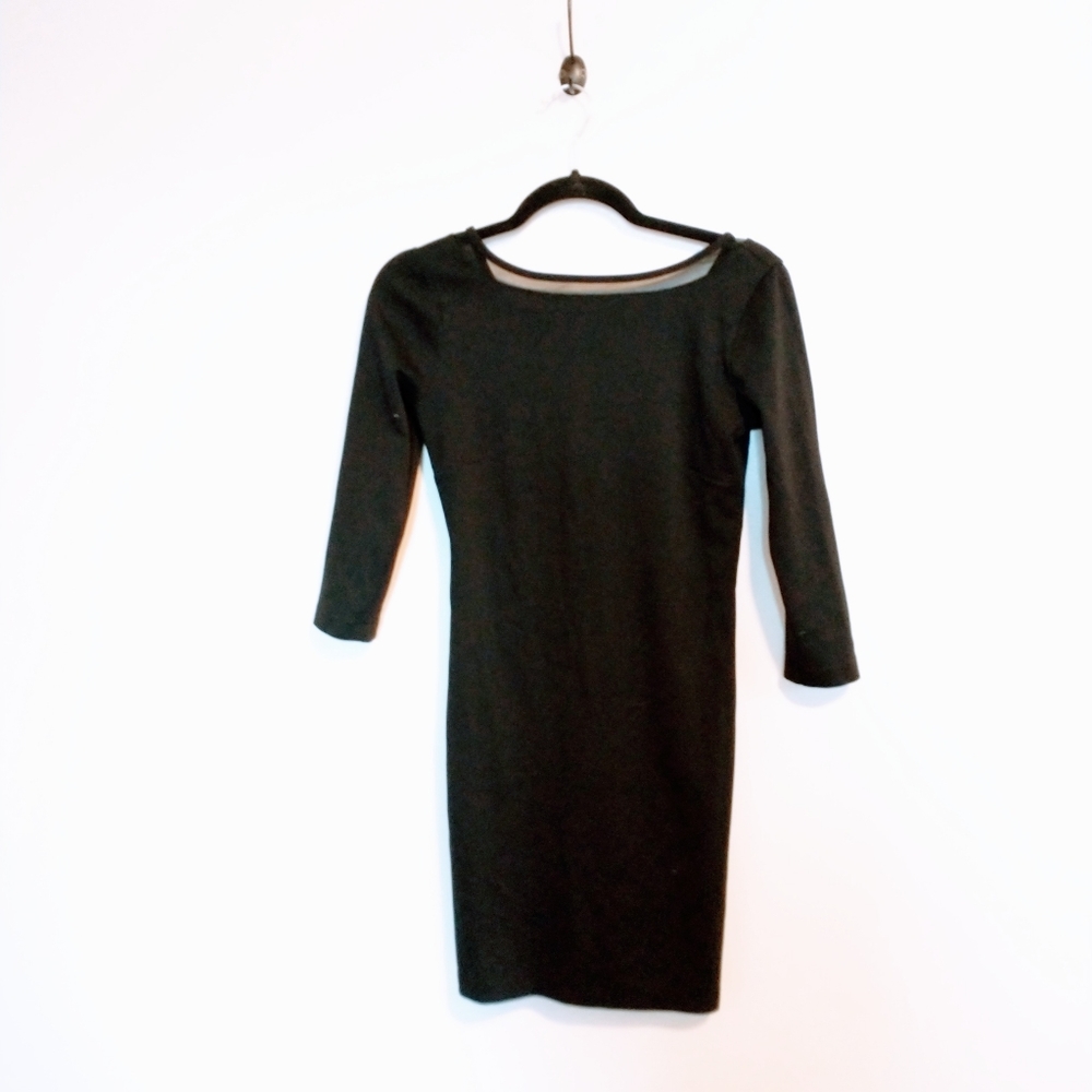 Armani Exchange black bodycon dress with 3/4 long sleeves and a low back with sh